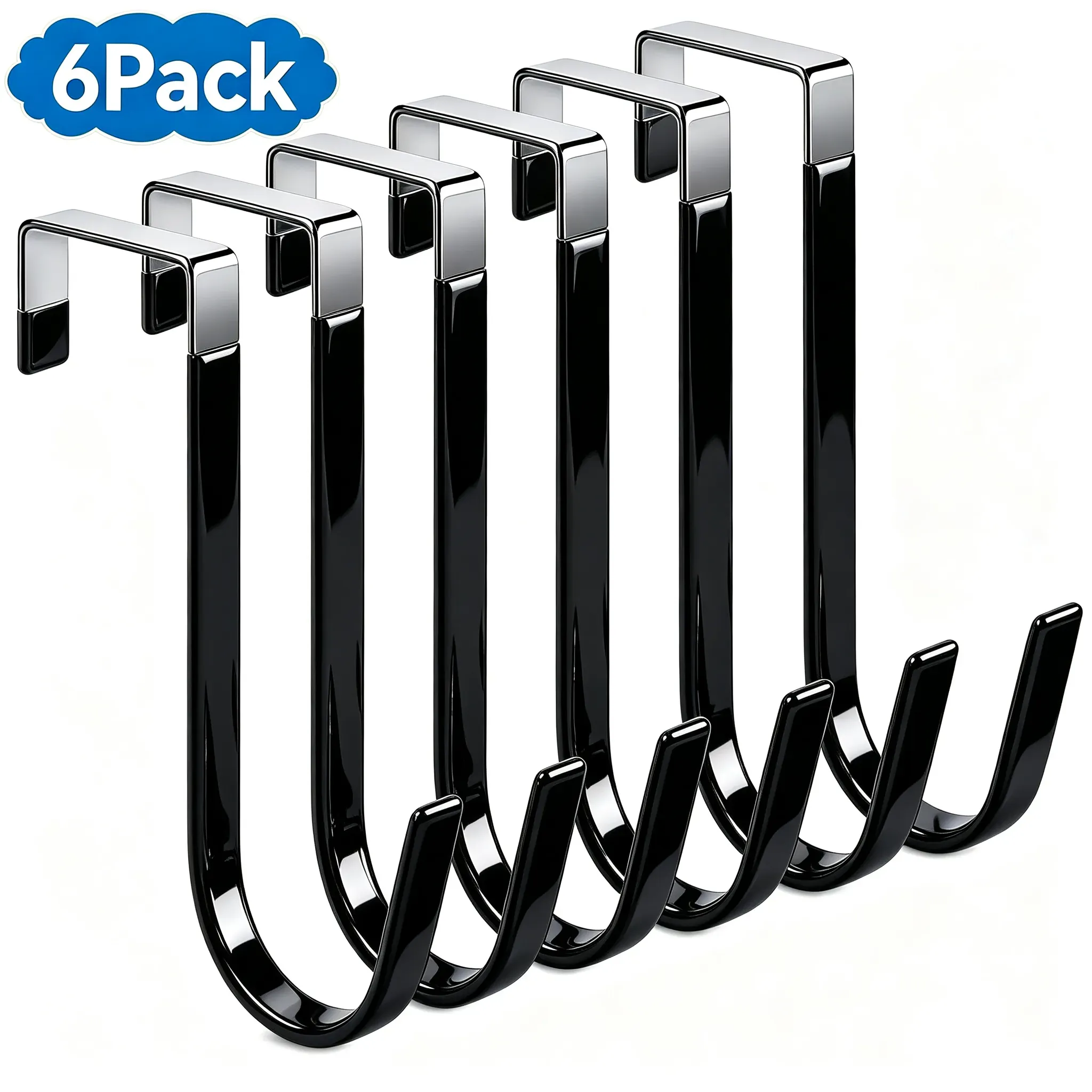 6-Pack Over-the-Door Hooks, Heavy-Duty Steel, Black, Fits 1-3/8" Doors (3-Pack)